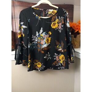 Lily White Womens Black Floral Flutter Sleeve Sheer Blouse Size‎ M